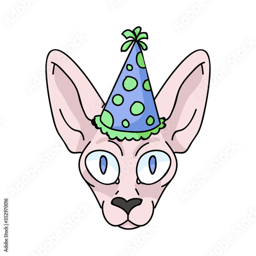 Cute cartoon sphynx kitten face with party hat vector clipart. Pedigree exotic breed for cat lovers. Purebred celebration cat for pet parlor illustration mascot. Isolated hairless feline housecat.