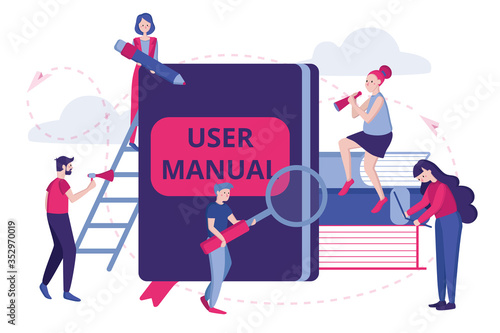 9Vector color illustration. User manual concept. Team of specialists make up the user manual. Requirements specifications document. Guidance and instructions for users.