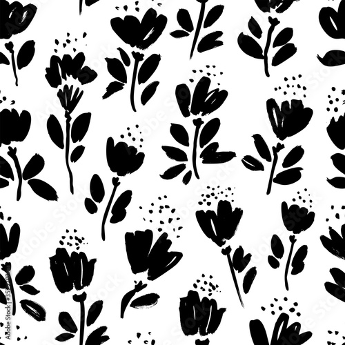 Brush flower vector seamless pattern. Hand drawn botanical ink illustration with floral motif. Camomile or daisy painted by brush.