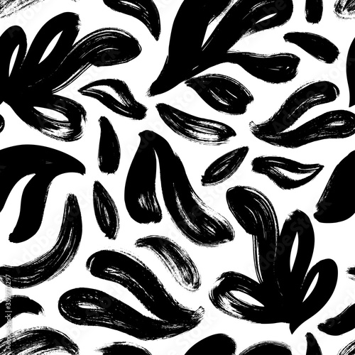 Brush black loose leaves vector seamless pattern. Hand drawn black paint ink illustration with abstract floral motif.