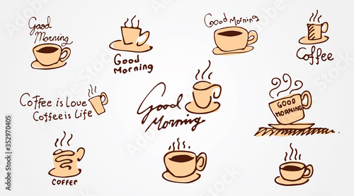 Hand drawn doodle style coffee emblem with simple coffee greetings. For branding, menu, poster or wall decoration for cafe or restaurant.