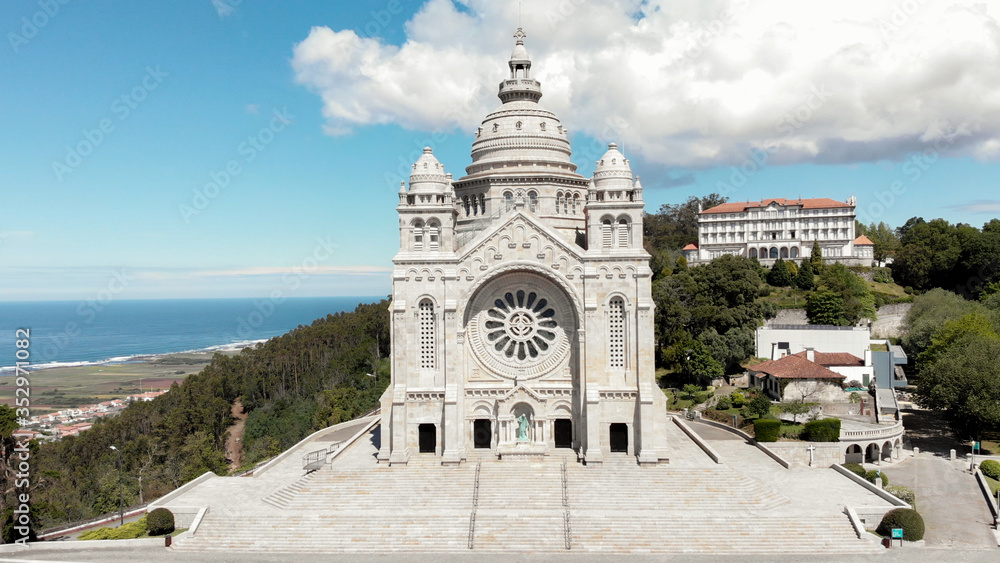 Aerial view of the Monument Temple of Santa Luzia, dedicated to the Sacred Heart of Jesus in Viana do Castelo, Portugal. Its imposing rose windows are the largest in the Iberian Peninsula.
