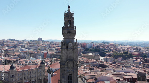 Aerial view of the Clerigos Tower (Torre dos Clerigos), one of the landmarks and symbols of the city of Porto, Portugal. Unesco World Heritage Site.