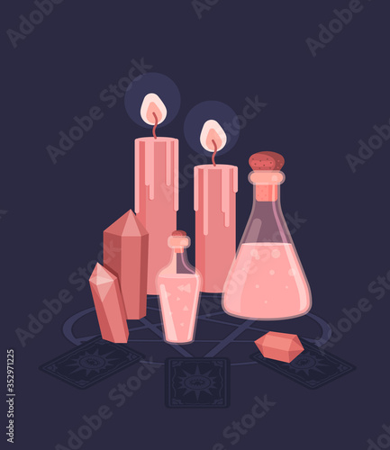 Set for witches magic ritual. Witchcraft around candles, crystals, and bottles of potion and poison. Flat vector illustration.