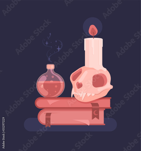 Set for witches magic ritual. Witchcraft around candles, crystals, skull, and bottles of potion and poison. Flat vector illustration.