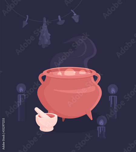 Set for witches magic ritual. A potion is brewed in a cauldron, a mortar and candles are nearby. Flat vector illustration.