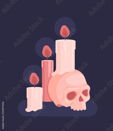 Set for witches magic ritual. Witchcraft around candles, crystals, skull, and bottles of potion and poison. Flat vector illustration.