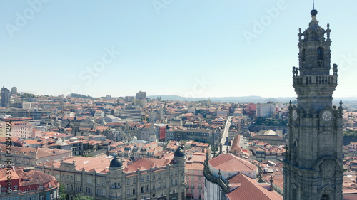 Aerial view of the Clerigos Tower (Torre dos Clerigos), one of the landmarks and symbols of the city of Porto, Portugal. Unesco World Heritage Site.