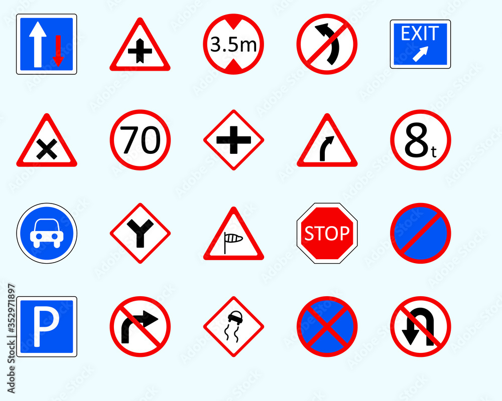 Traffic signs, no turnSet of road sign. collection of warning, priority Traffic signs, no turnSet of road sign. collection of warning, priority