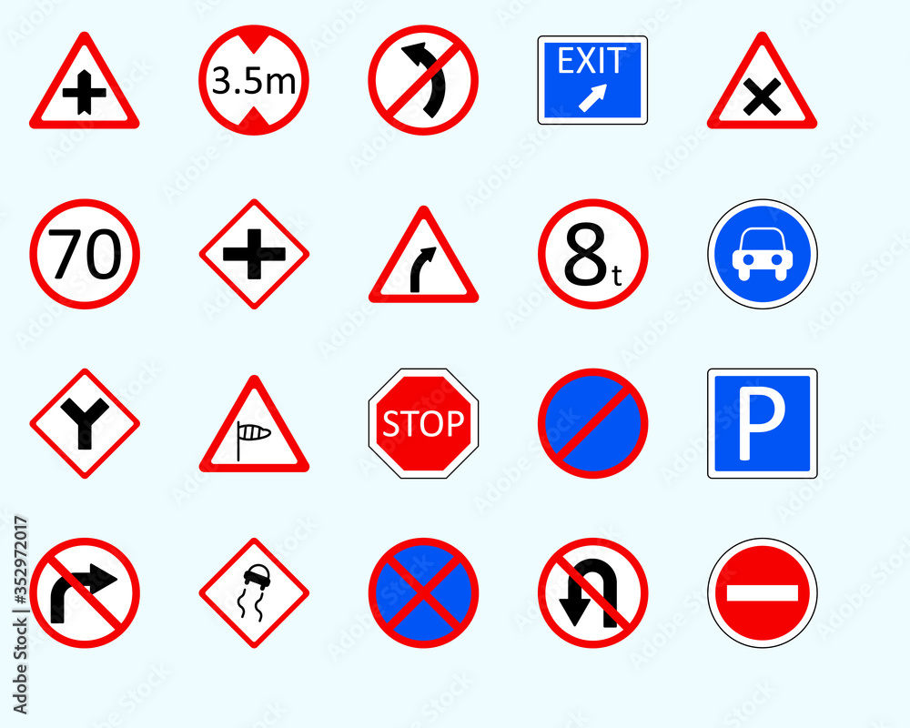 Traffic signs, no entrySet of road sign. collection of warning, priority Traffic signs, no entrySet of road sign. collection of warning, priority