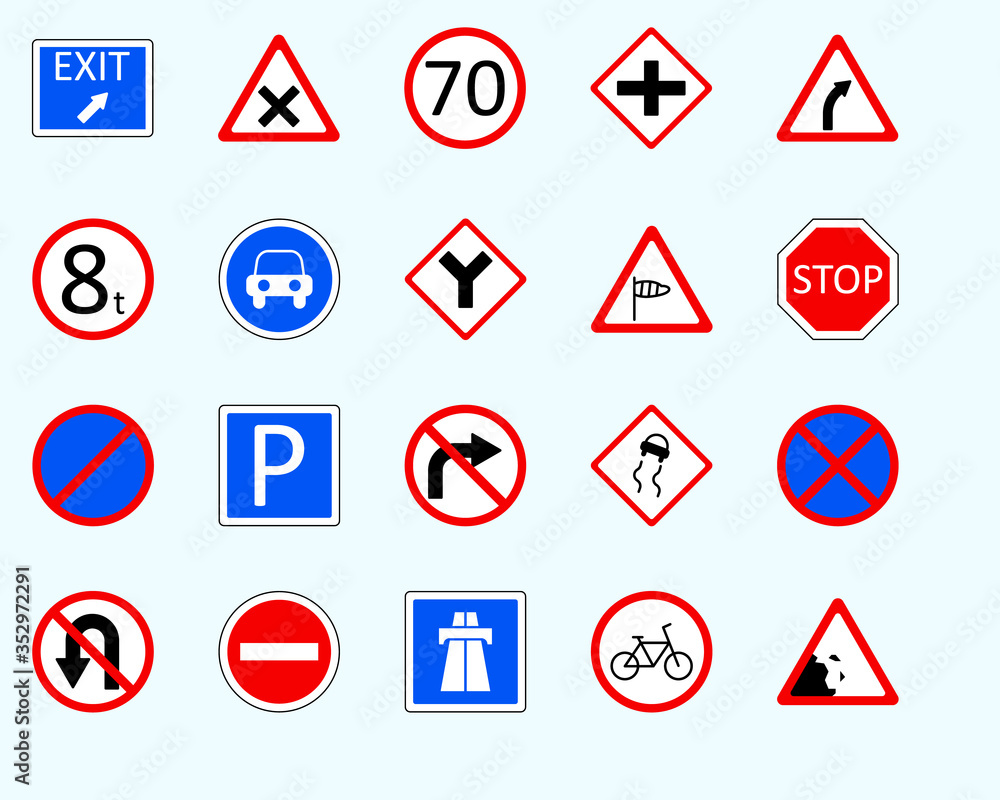 Traffic signs, falling rocksSet of road sign. collection of warning, priority Traffic signs, falling rocksSet of road sign. collection of warning, priority