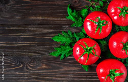 Fresh large tomatoes with leaves on the right side of the frame are located on a dark vintage wooden background. Ripe tomatoes in droplets of water. Copy space for text  flat lay