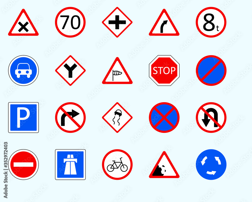 Traffic signs, roundaboutSet of road sign. collection of warning, priority Traffic signs, roundaboutSet of road sign. collection of warning, priority