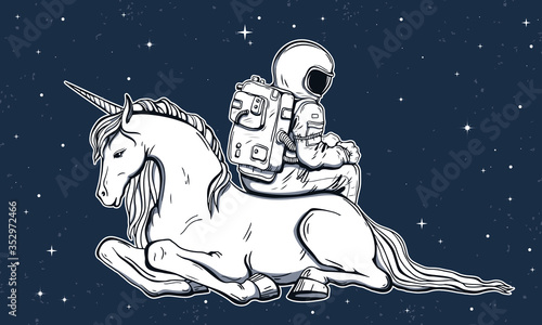 Hand drawn astronaut and unicorn in the space