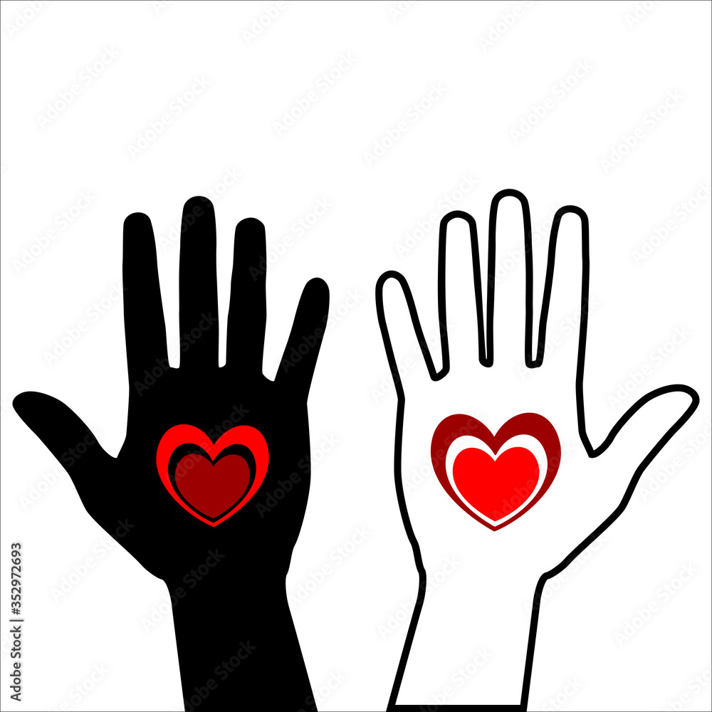 Black hand with red heart isolated on white background. Red Heart placed on the palm. Vector hand drawn illustration. Black hand with red heart isolated on white background. Red Heart placed on the palm. Vector hand drawn illustration.