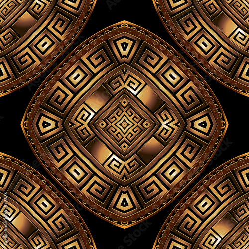 Gold 3d geometric greek vector seamless pattern. Textured ornamental abstract background. Greek key meanders rhombus ornaments. Beautiful ornate design. Endless texture. Modern repeat backdrop