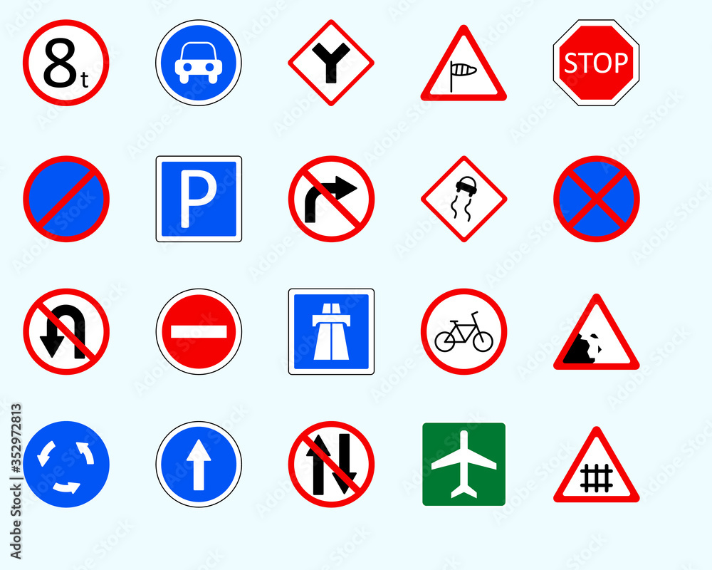 Traffic signs, fenceSet of road sign. collection of warning, priority Traffic signs, fenceSet of road sign. collection of warning, priority