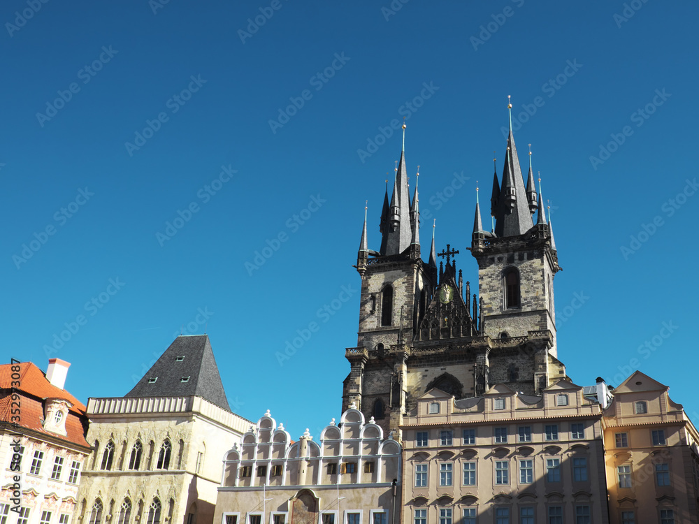 Temple of the Virgin Mary in Prague. Towers of the Tyn Church.