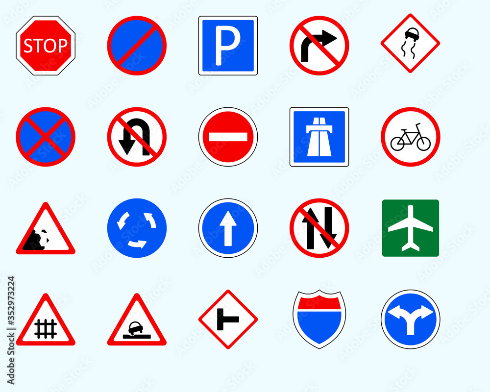 Traffic signs, turnSet of road sign. collection of warning, priority Traffic signs, turnSet of road sign. collection of warning, priority