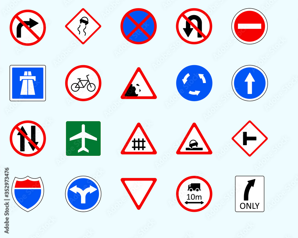 Traffic signs, turnSet of road sign. collection of warning, priority Traffic signs, turnSet of road sign. collection of warning, priority