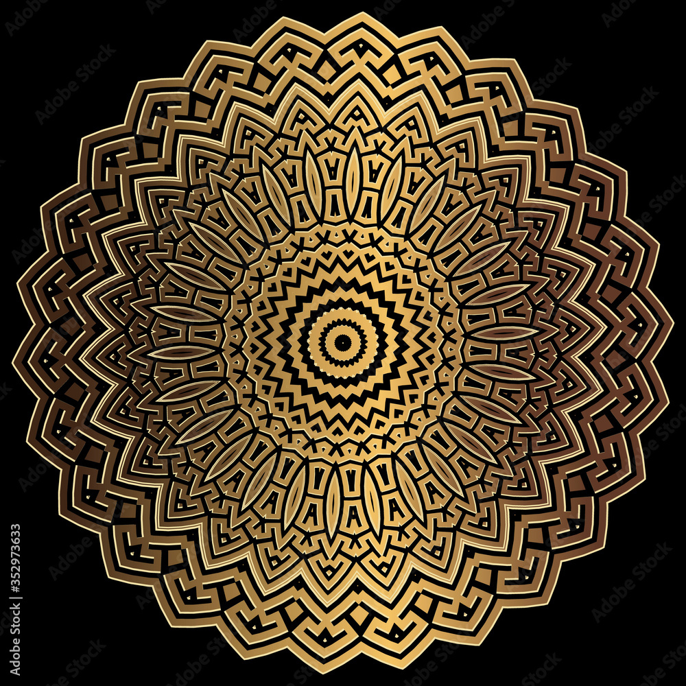 Gold 3d geometric greek vector round mandala pattern. Ornamental textured abstract modern background. Surface texture. Ancient greek key meander luxury ornament. Metallic golden flower. Zigzag design Gold 3d geometric greek vector round mandala pattern. Ornamental textured abstract modern background. Surface texture. Ancient greek key meander luxury ornament. Metallic golden flower. Zigzag design
