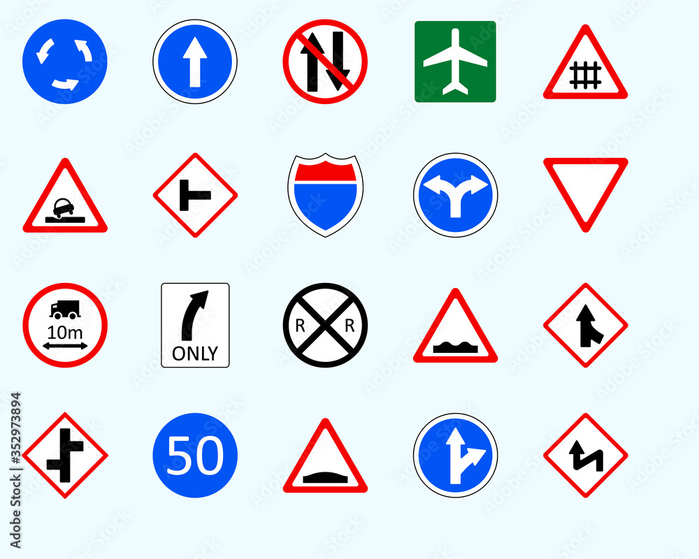 Traffic signs, curvesSet of road sign. collection of warning, priority Traffic signs, curvesSet of road sign. collection of warning, priority