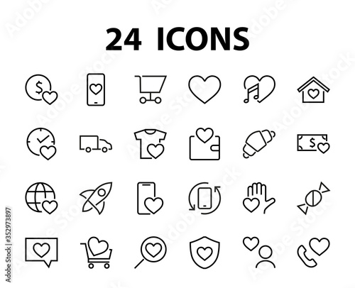  The set of icons about love contains such icons as love of music, declaration of love, heart, favorite home, Linear set. Vector on a white background. Editable stroke. 480x480