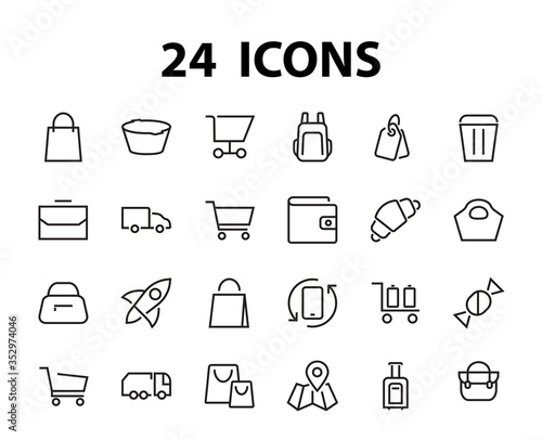 Simple set of bags  shopping and travel icons. Vector illustration Contains icons such as Card  wallet  shopping basket  discount  bowl  package. On a white background  editable stroke