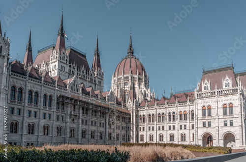 Dome of Hungarian Parliament in repair with scaffolding in Budapest