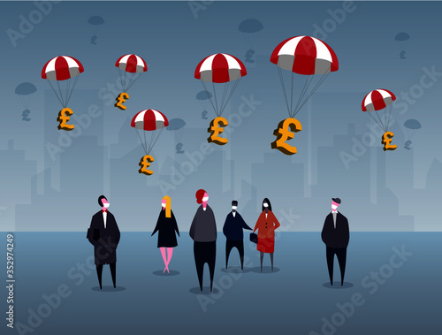 Pounds floating into UK communities as the governments deploy financial relief plans for impending recession from the COVID-19 crisis. Citizens are looking up with city backdrop