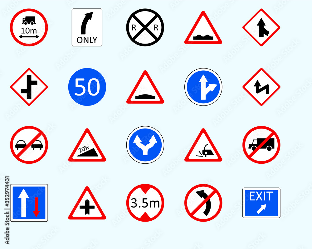 Traffic signs, exitSet of road sign. collection of warning, priority Traffic signs, exitSet of road sign. collection of warning, priority
