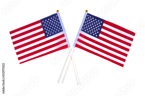 Two american flags isolated on white. National symbolic of USA - flag Old Glory. Flag Day and Independence Day celebration concept