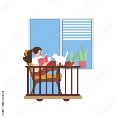 Cute woman with cat reading a book on balcony cartoon vector illustration