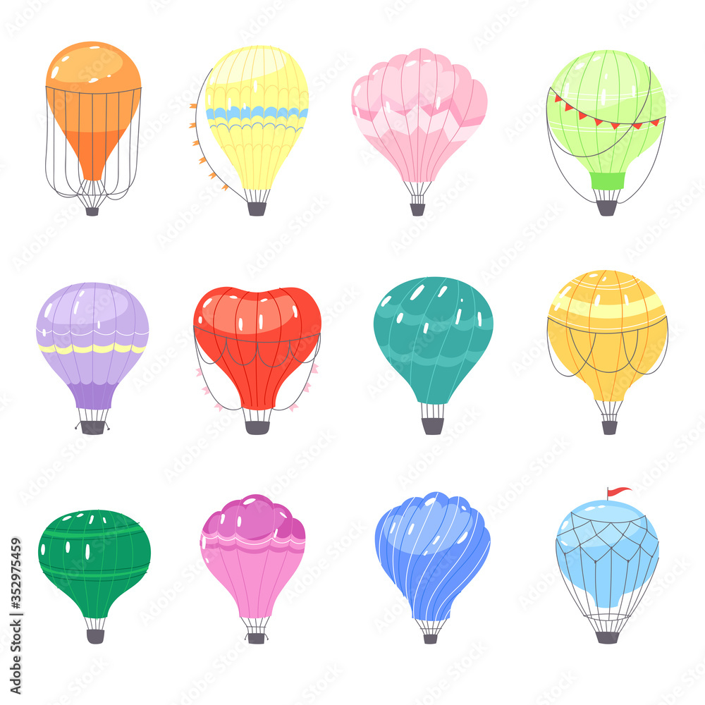 Colorful set of hot air balloons or aerostat with basket in different shapes flying in sky with clouds. Vector illustration of traveling flying toy for poster, wallpapers, cards