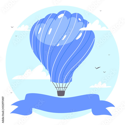 Colorful  air balloons or aerostat with basket with ribbon flying in sky with clouds. Vector illustration of traveling flying toy for poster, wallpapers, cards