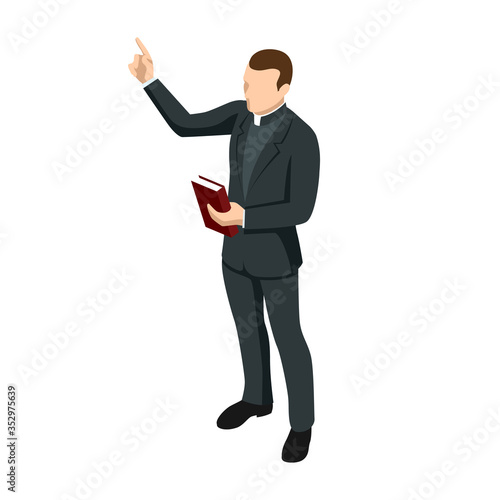 Isometric Catholic priests with a cross and bible isolated on white background.