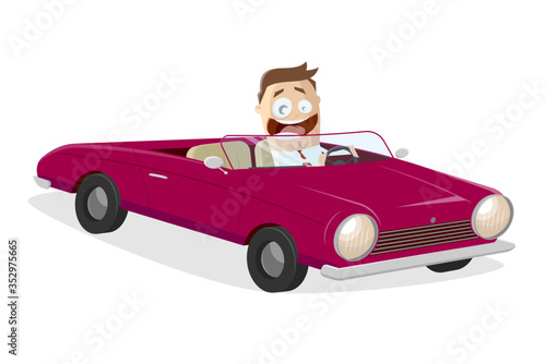 vector cartoon illustration of a happy businessman with classic convertible car