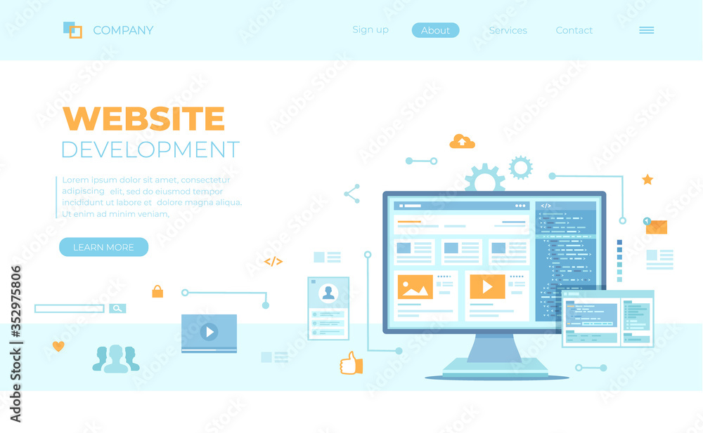 Web development, optimization, user experience, user interface in e-commerce. Website layout elements, photo, video, program code, search bar, site wireframe. Can use for web banner, landing page, web