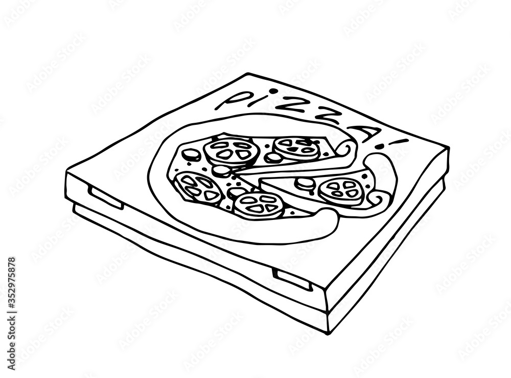 packaged pizza in a cardboard box, icon for fast food delivery, vector illustration with black contour lines isolated on a white background in a doodle & hand drawn style