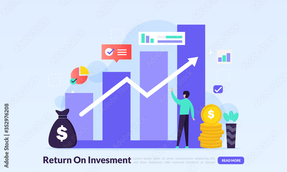 ROI, Return On Investment concept, people managing financial chart,  profit income, landing page template for banner, flyer, ui, web, mobile app, poster