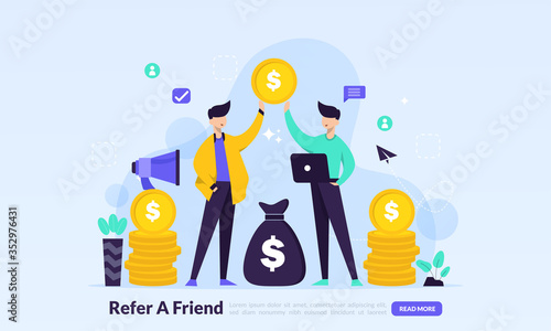 People share info about referral and earn money. Refer A Friend Concept, affiliate marketing, landing page template for banner, flyer, ui, web, mobile app, poster photo