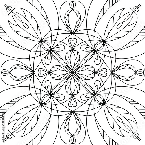 Black & white card with mandala, ornament, hand drawn, line art. Good for card, poster, print, ceramic design, tattoo, adult coloring book