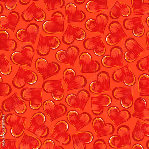 Seamless pattern with red hand drawn hearts on red background.
