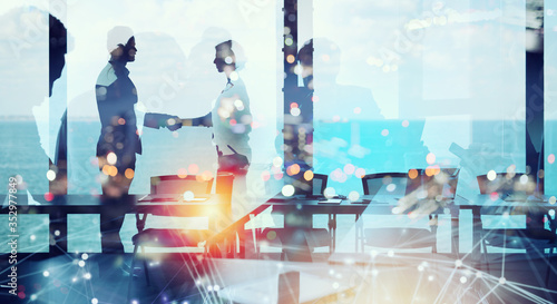 Business people collaborate together in office. Internet connection effects. Double exposure photo