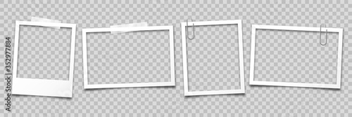 Realistic empty photo card frame, film set. Retro vintage photograph with transparent adhesive tape and paper clip. Digital snapshot image. Template or mockup for design. Vector illustration.