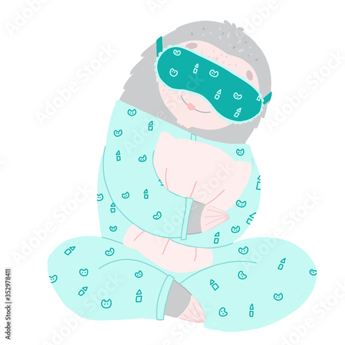 Cute cartoon sloth in pajamas. Flat vector illustration