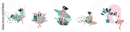 Vacation mood, feminine concept illustration, beautiful women in different situations, on the beach, sitting near the pool, reading books. Flat style vector design