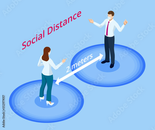 Isometric Maintain a social distance of 2 m in public due to a pandemic Covid-19. Preventing coronavirus covid-19 with people keeping a circular distance concept.