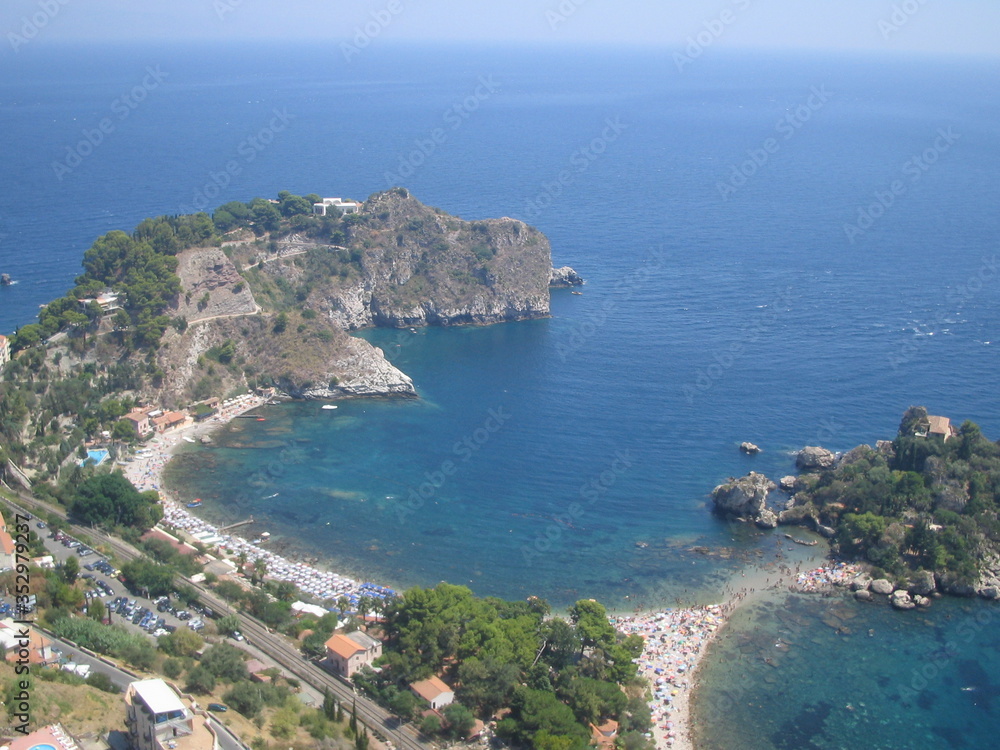 Taormina Town from Sicilian Island. Beautiful landscape Mediterranean Sea.  Unique panorama.