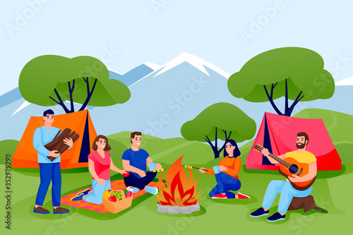 Summer camping and ecotourism. Friends have rest in forest or mountains camping in tents. Vector people characters